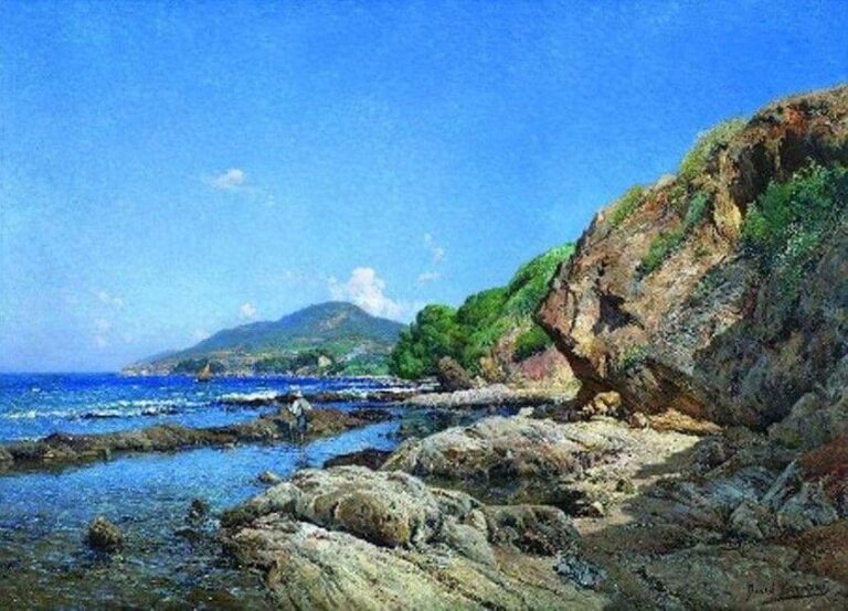 Paysage méditerranéen représentant le golfe de Giens, avec une vue sur la mer, des collines boisées et un ciel lumineux, par Paulin Bertrand.